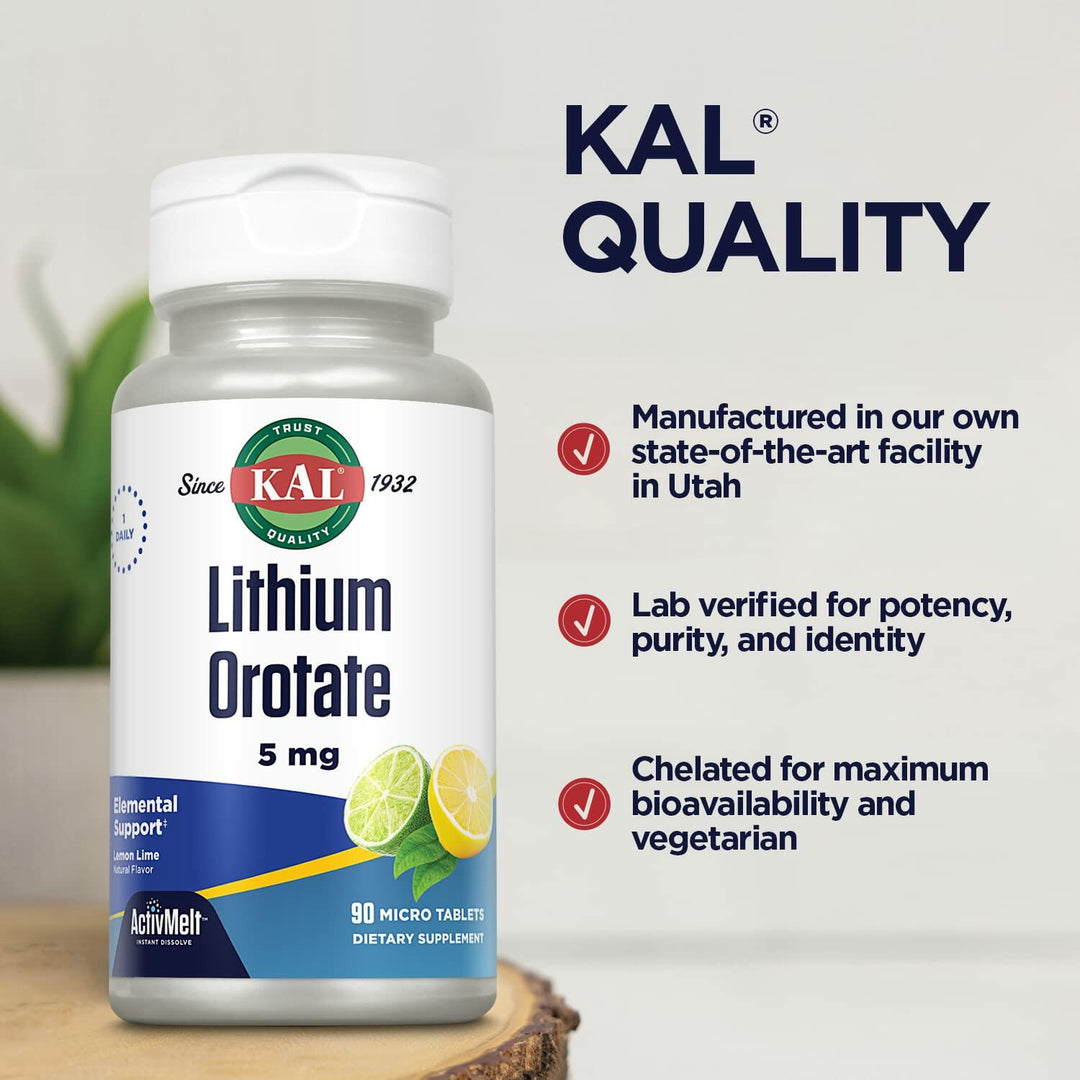 KAL Lithium Orotate ActivMelt 5mg, Chelated Lithium for Optimal Absorption and Bioavailability, Healthy Mood Support, Natural Lemon Lime Flavor, Instant Dissolve Tablets, 90 Servings, 90 Micro Tablets - The Oasis of Health