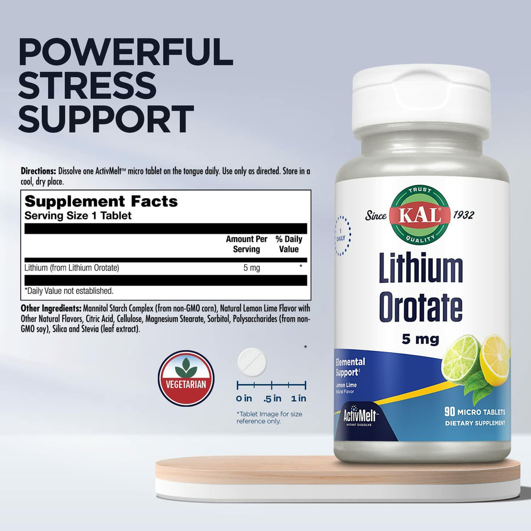 KAL Lithium Orotate ActivMelt 5mg, Chelated Lithium for Optimal Absorption and Bioavailability, Healthy Mood Support, Natural Lemon Lime Flavor, Instant Dissolve Tablets, 90 Servings, 90 Micro Tablets - The Oasis of Health