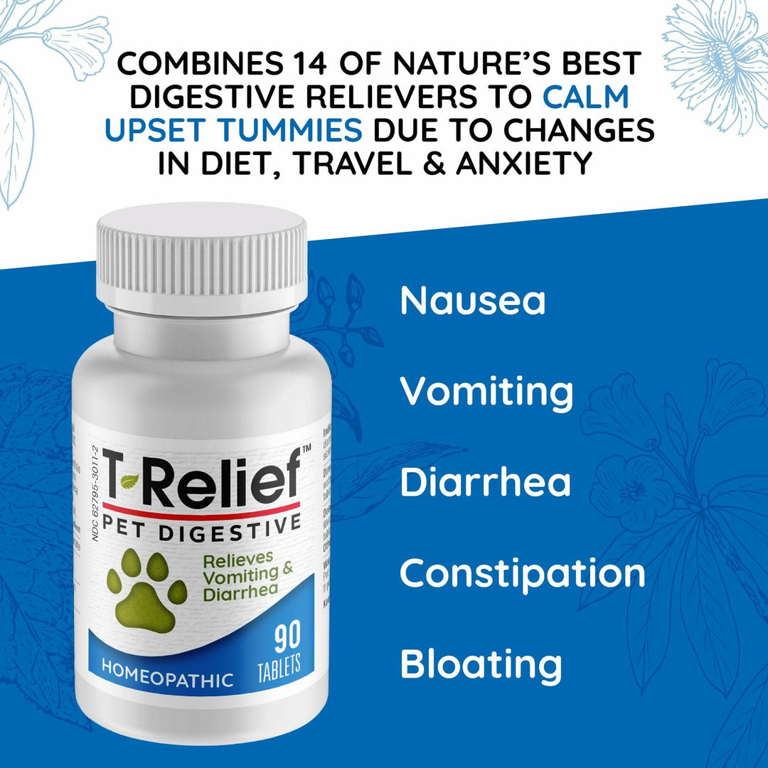 T-Relief Pet Digestive Complete GI Relief for Dog & Cat Soothing Aloe + 13 Natural Homeopathic Actives Help Calm Nausea & Diarrhea from Mild Illness Food Stress or Motion Sickness - 90 Tablets - The Oasis of Health
