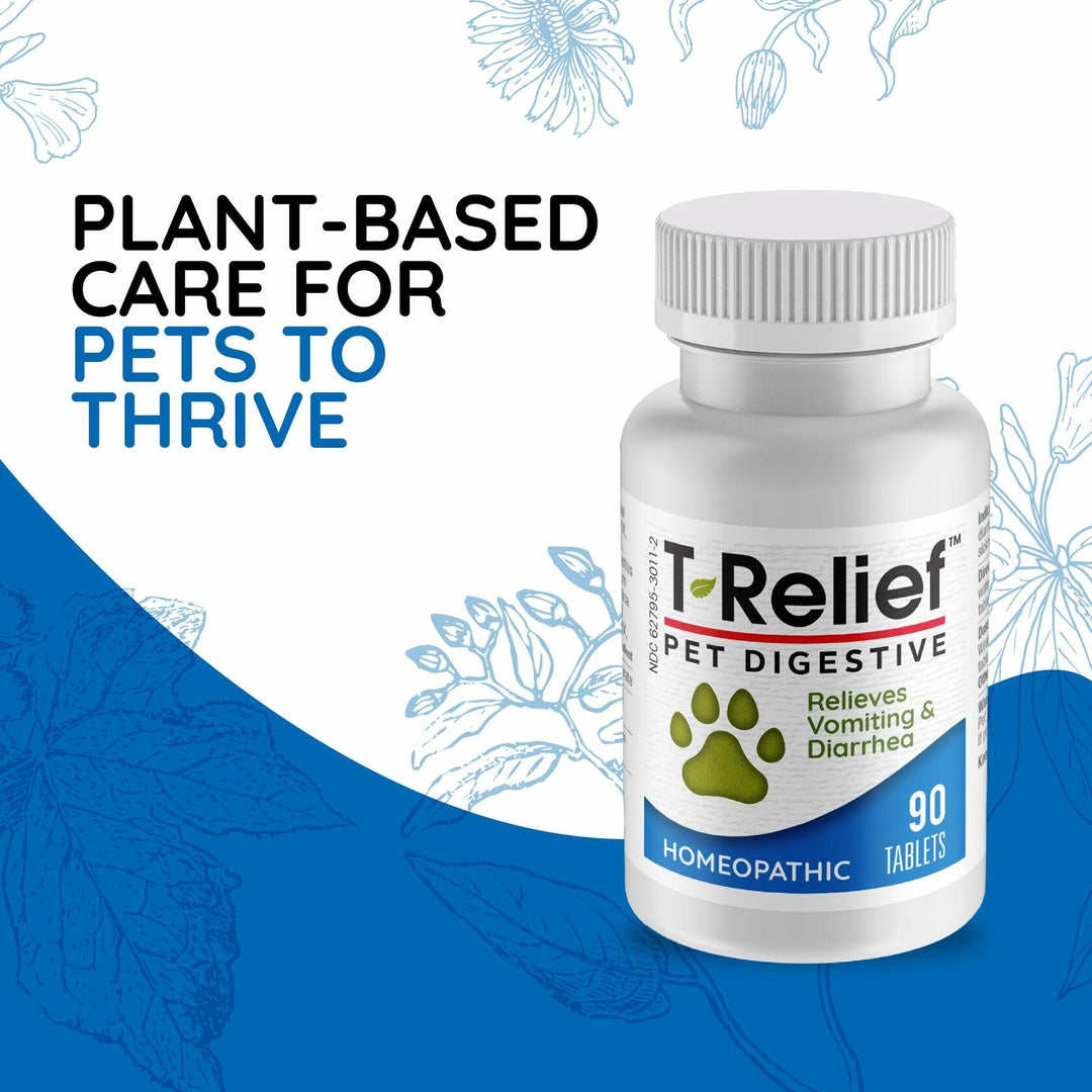 T-Relief Pet Digestive Complete GI Relief for Dog & Cat Soothing Aloe + 13 Natural Homeopathic Actives Help Calm Nausea & Diarrhea from Mild Illness Food Stress or Motion Sickness - 90 Tablets - The Oasis of Health