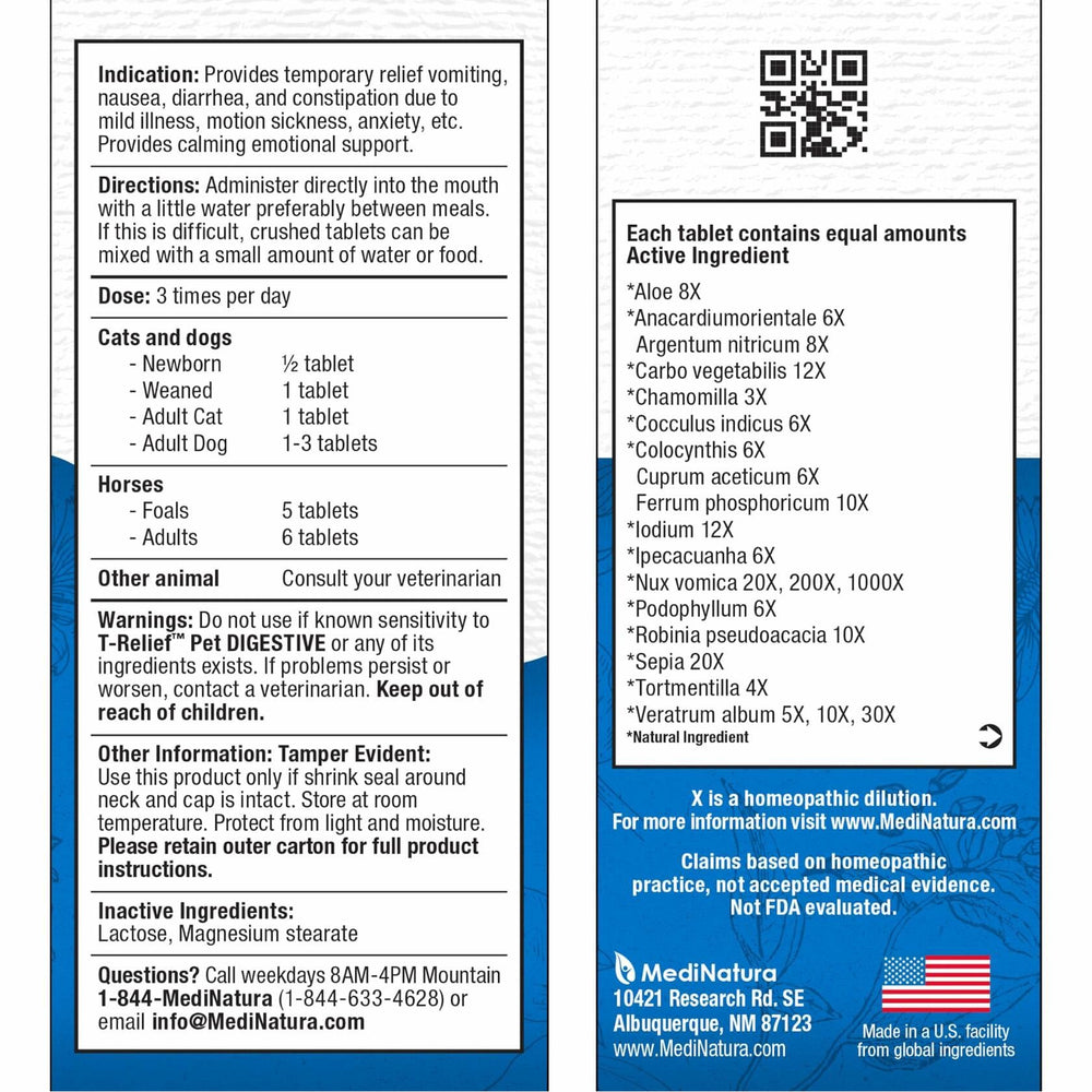 T-Relief Pet Digestive Complete GI Relief for Dog & Cat Soothing Aloe + 13 Natural Homeopathic Actives Help Calm Nausea & Diarrhea from Mild Illness Food Stress or Motion Sickness - 90 Tablets - The Oasis of Health