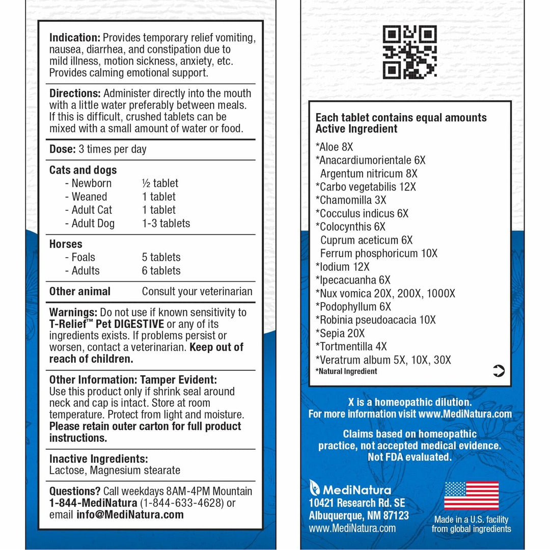 T-Relief Pet Digestive Complete GI Relief for Dog & Cat Soothing Aloe + 13 Natural Homeopathic Actives Help Calm Nausea & Diarrhea from Mild Illness Food Stress or Motion Sickness - 90 Tablets - The Oasis of Health