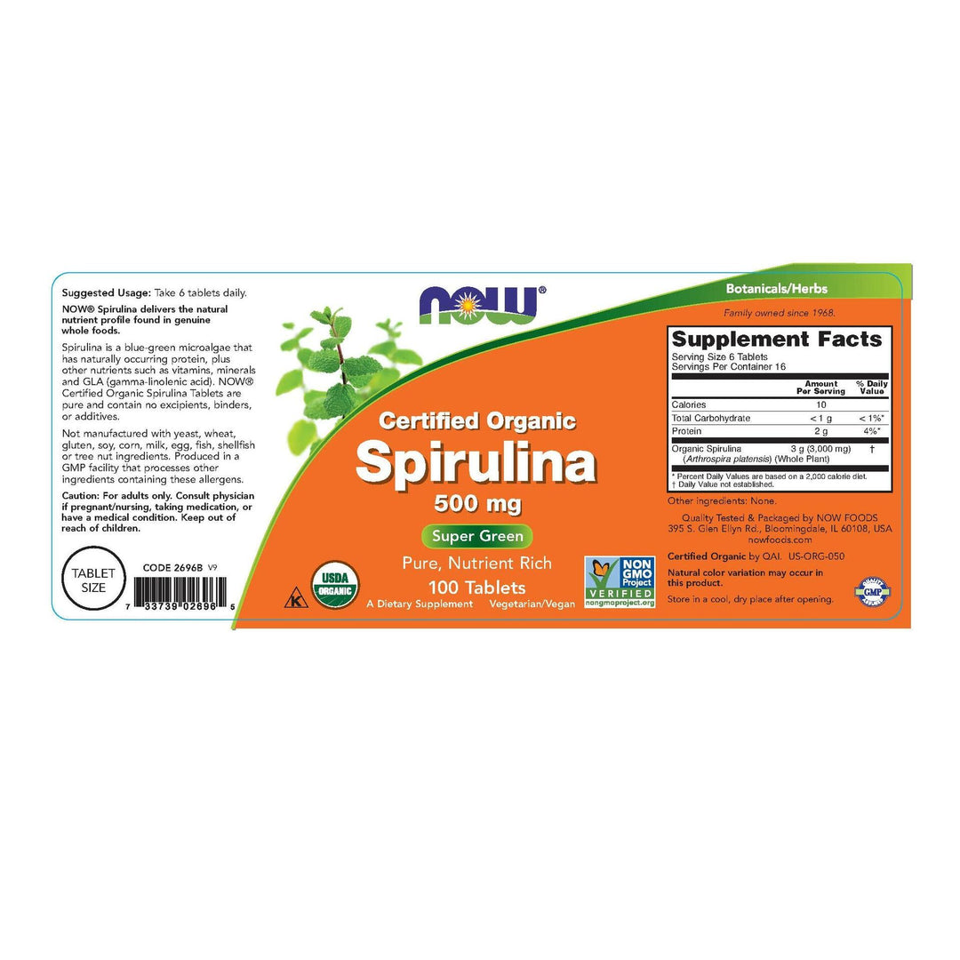 NOW Foods Spirulina, 500 mg, 100 Tabs (Pack of 3) - The Oasis of Health