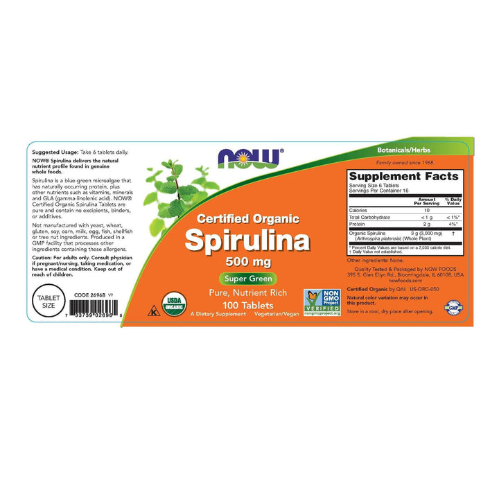 NOW Foods Spirulina, 500 mg, 100 Tabs (Pack of 3) - The Oasis of Health