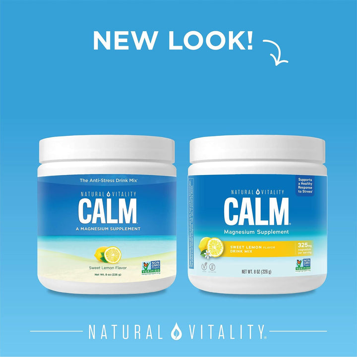 Natural Vitality Calm, Magnesium Supplement, Anti-Stress Drink Mix Powder, Gluten Free, Vegan, &amp; Non-GMO, Sweet Lemon, 8 oz - The Oasis of Health