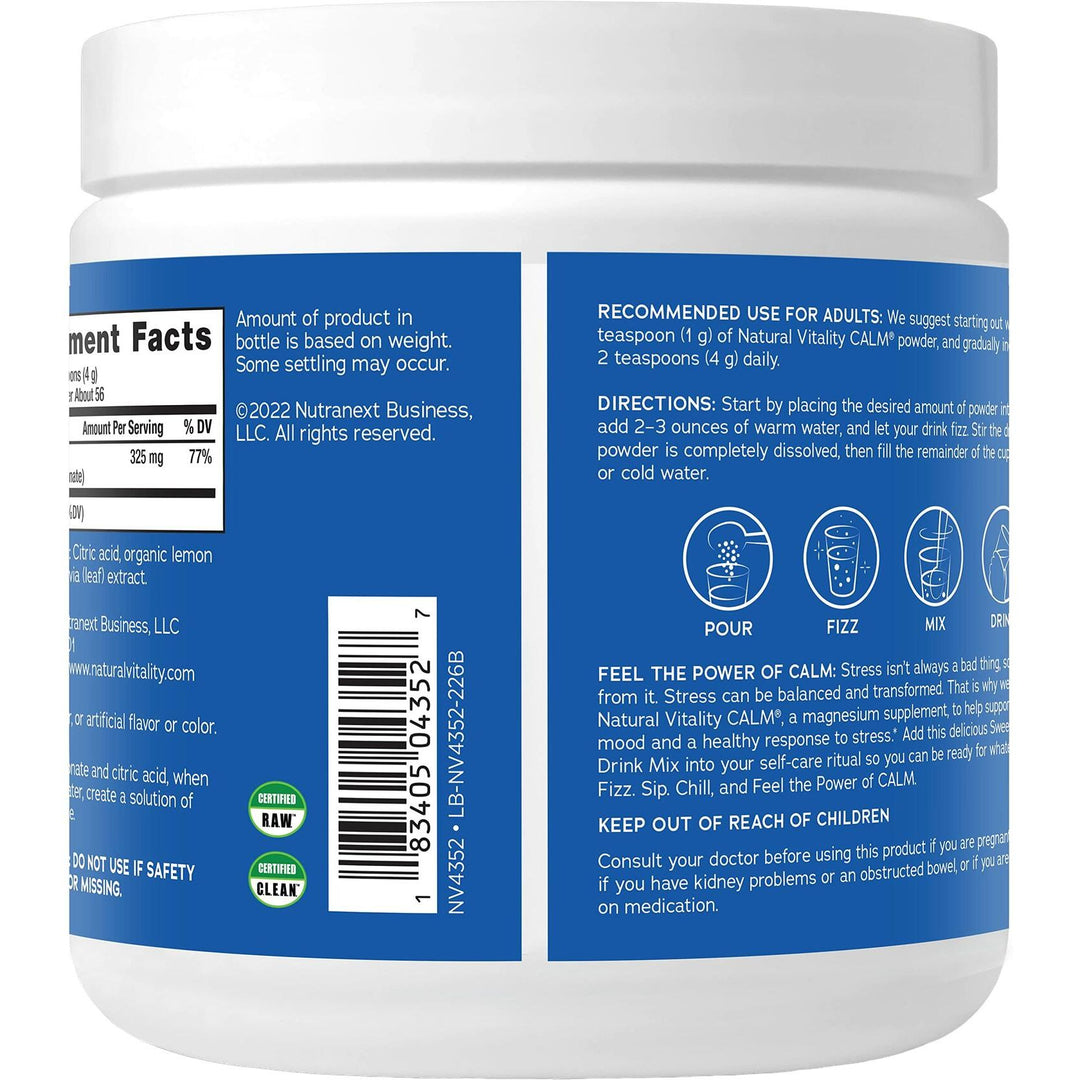 Natural Vitality Calm, Magnesium Supplement, Anti-Stress Drink Mix Powder, Gluten Free, Vegan, &amp; Non-GMO, Sweet Lemon, 8 oz - The Oasis of Health