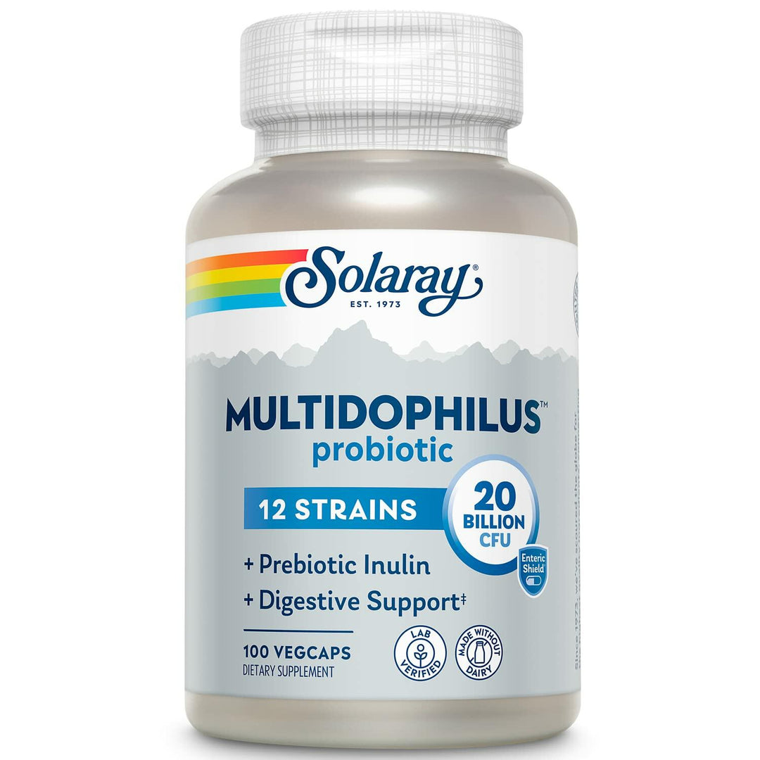 Solaray Multidophilus 12 Strain Probiotic 20 Billion CFU, Probiotics for Digestive Health for Women and Men, Daily Gut Health Support Complex with Prebiotic Inulin, No Dairy - 100 VegCaps - The Oasis of Health