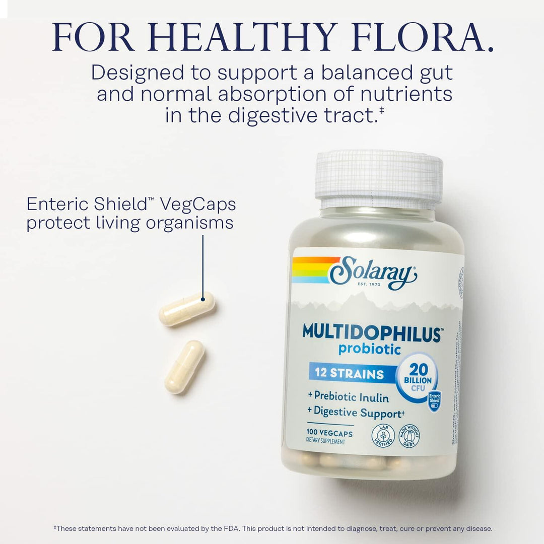 Solaray Multidophilus 12 Strain Probiotic 20 Billion CFU, Probiotics for Digestive Health for Women and Men, Daily Gut Health Support Complex with Prebiotic Inulin, No Dairy - 100 VegCaps - The Oasis of Health