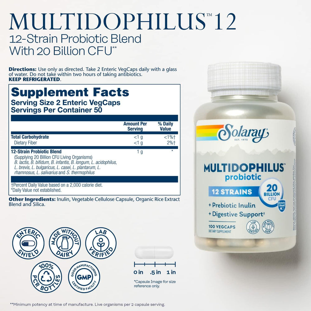 Solaray Multidophilus 12 Strain Probiotic 20 Billion CFU, Probiotics for Digestive Health for Women and Men, Daily Gut Health Support Complex with Prebiotic Inulin, No Dairy - 100 VegCaps - The Oasis of Health