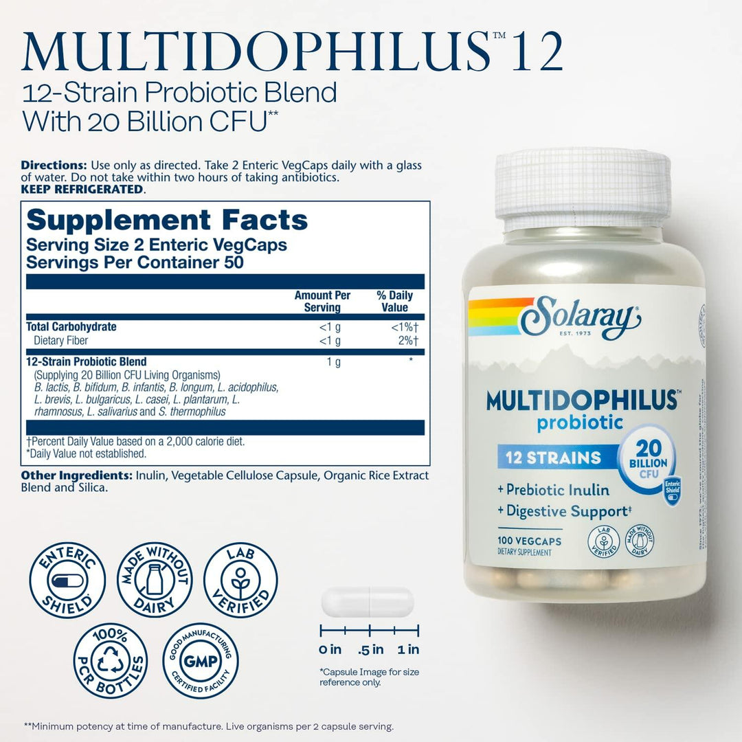 Solaray Multidophilus 12 Strain Probiotic 20 Billion CFU, Probiotics for Digestive Health for Women and Men, Daily Gut Health Support Complex with Prebiotic Inulin, No Dairy - 100 VegCaps - The Oasis of Health