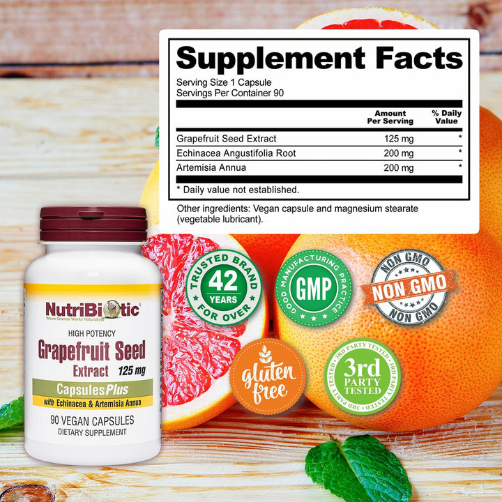NutriBiotic Grapefruit Seed Extract CapsulesPlus, 125 mg of GSE, 90 Count - The Oasis of Health
