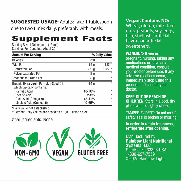 Rainbow Light Organic Extra Virgin Pumpkin Seed Oil | 16 Fl Oz | Cold Pressed Liquid Extract | Potent Source of Omega 6 and 9 Fatty Acids | Non-GMO and Gluten Free Supplement - The Oasis of Health