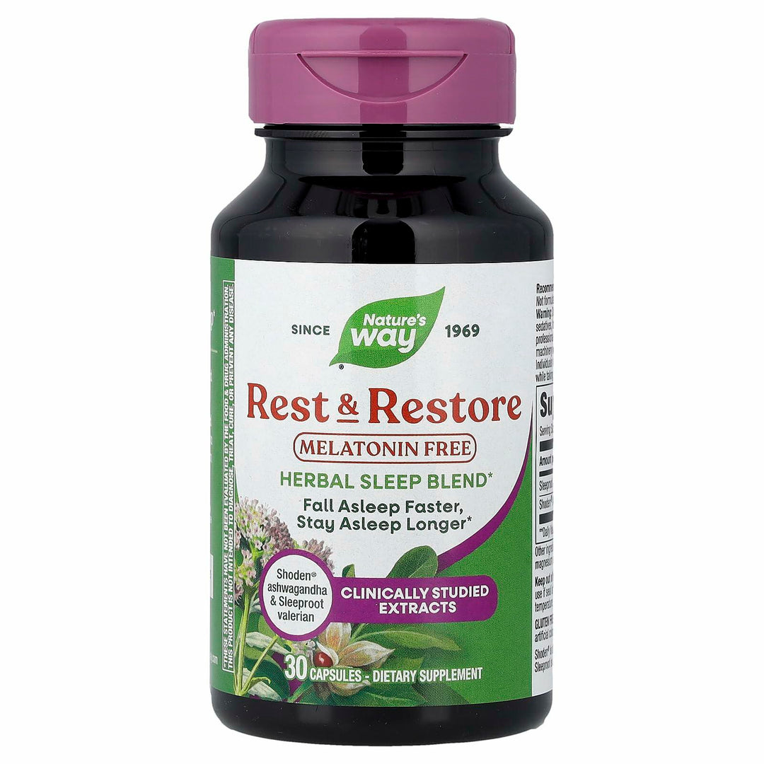 Nature’s Way Rest &amp; Restore, Melatonin-Free Sleep Supplement*, with Ashwagandha, Valerian, Vegan, 30 Capsules - The Oasis of Health