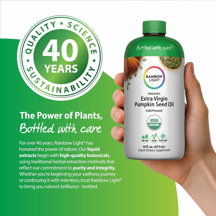 Rainbow Light Organic Extra Virgin Pumpkin Seed Oil | 16 Fl Oz | Cold Pressed Liquid Extract | Potent Source of Omega 6 and 9 Fatty Acids | Non-GMO and Gluten Free Supplement - The Oasis of Health