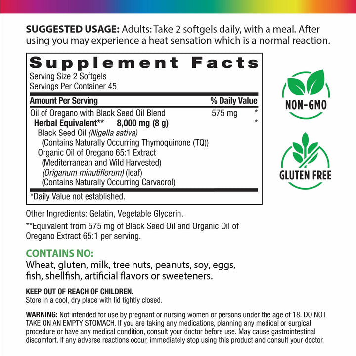 Rainbow Light Oil of Oregano with Black Seed Oil | 90 Softgels | Naturally Occurring Carvacrol &amp; Thymoquinone - The Oasis of Health