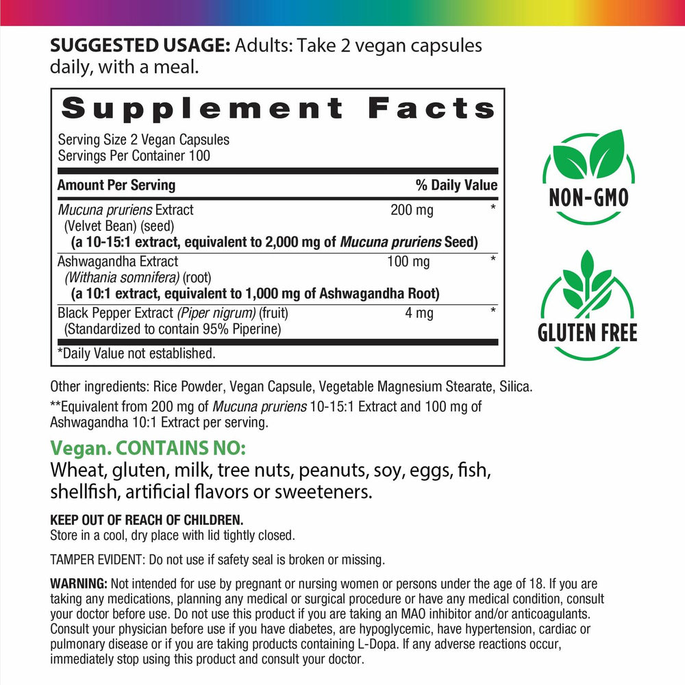 Rainbow Light Mucuna Ashwagandha | 200 Vegan Capsules | Mucuna Pruriens Supplement | with Black Pepper Extract | Non-GMO & Gluten Free - The Oasis of Health