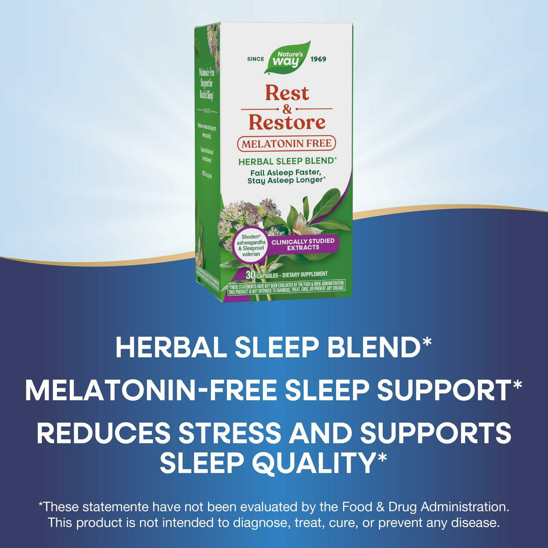 Nature’s Way Rest &amp; Restore, Melatonin-Free Sleep Supplement*, with Ashwagandha, Valerian, Vegan, 30 Capsules - The Oasis of Health