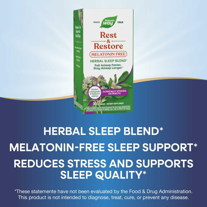 Nature’s Way Rest &amp; Restore, Melatonin-Free Sleep Supplement*, with Ashwagandha, Valerian, Vegan, 30 Capsules - The Oasis of Health