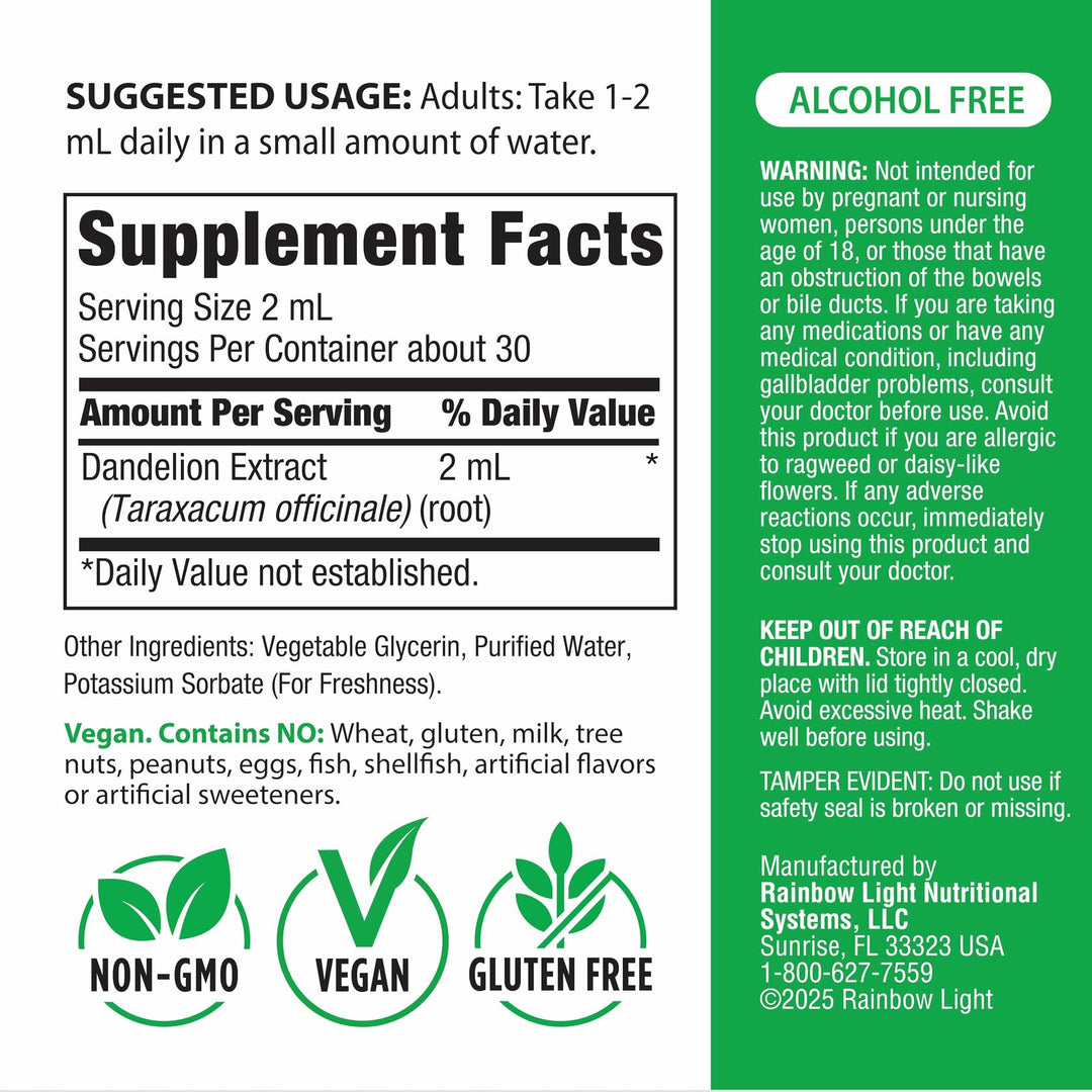 Rainbow Light Dandelion Root Extract Supplement | 2 Fl Oz | Super Concentrated | Alcohol Free | Non-GMO and Gluten Free - The Oasis of Health
