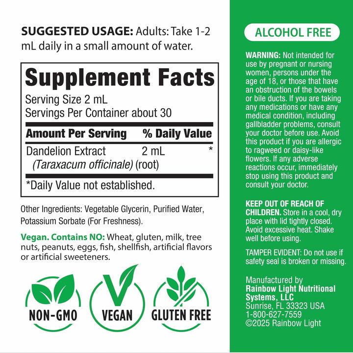 Rainbow Light Dandelion Root Extract Supplement | 2 Fl Oz | Super Concentrated | Alcohol Free | Non-GMO and Gluten Free - The Oasis of Health