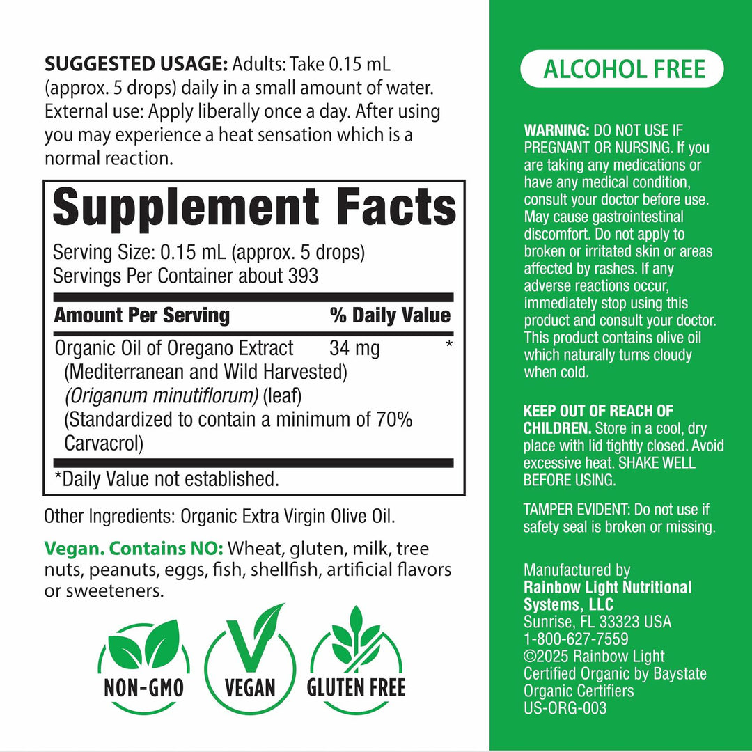 Rainbow Light Organic Oil of Oregano | 2 Fl Oz | Alcohol Free Liquid Extract | Non-GMO and Gluten Free Herbal Supplement | for Men and Women - The Oasis of Health