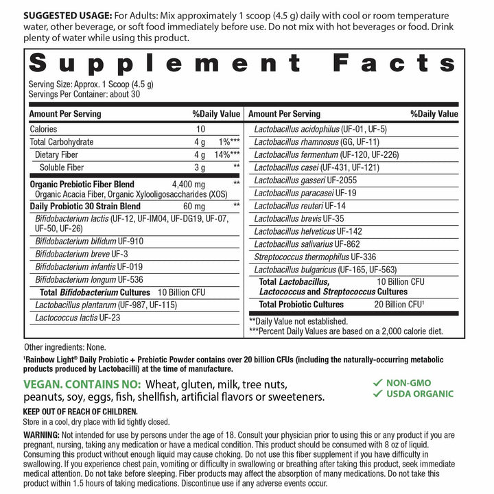 Rainbow Light Daily Probiotic &amp; Prebiotic Powder 20 Billion CFU | 30 Probiotic Strains &amp; Organic Prebiotic Fiber | for Men and Women | Supports Digestive Balance | 4.76 oz - The Oasis of Health