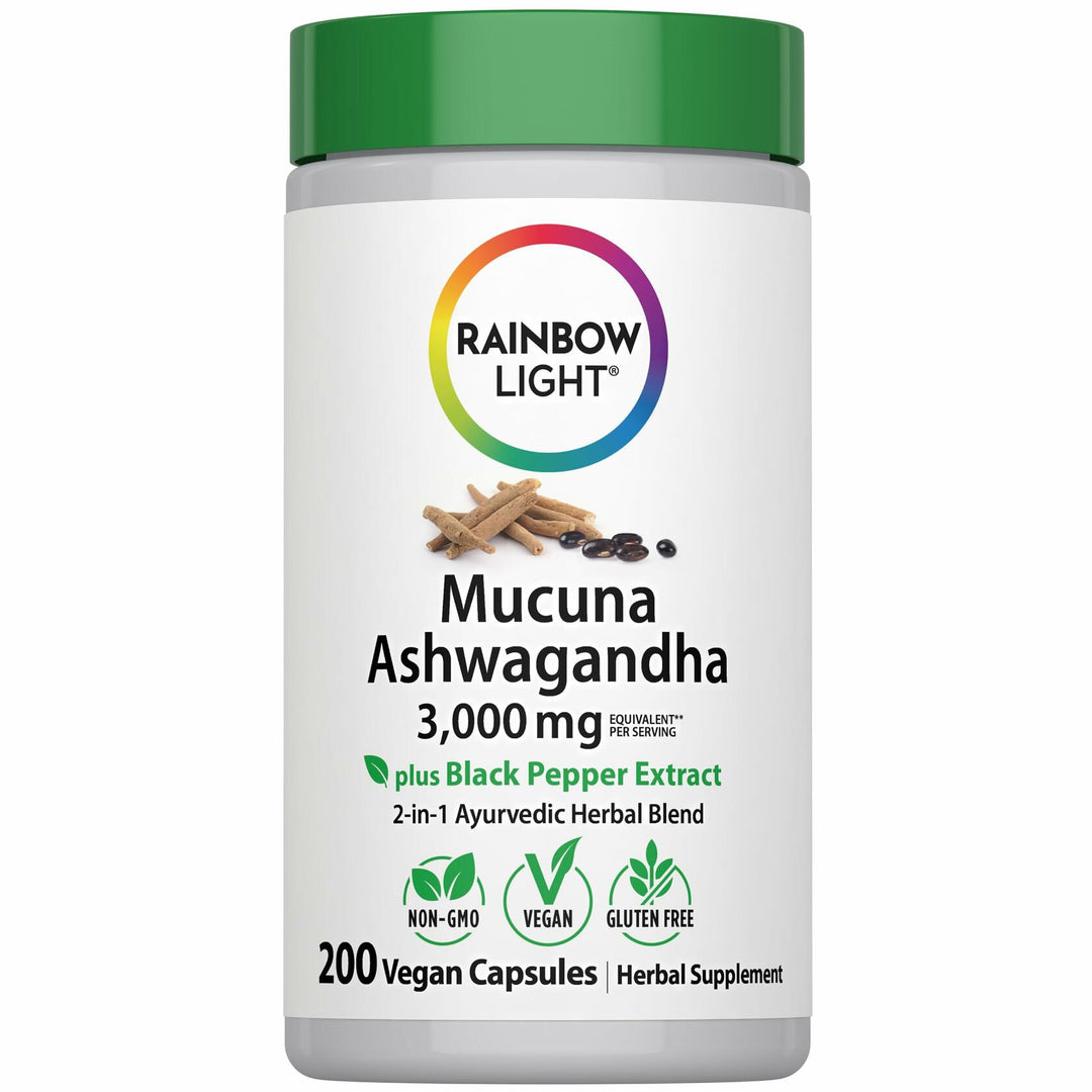 Rainbow Light Mucuna Ashwagandha | 200 Vegan Capsules | Mucuna Pruriens Supplement | with Black Pepper Extract | Non-GMO &amp; Gluten Free - The Oasis of Health
