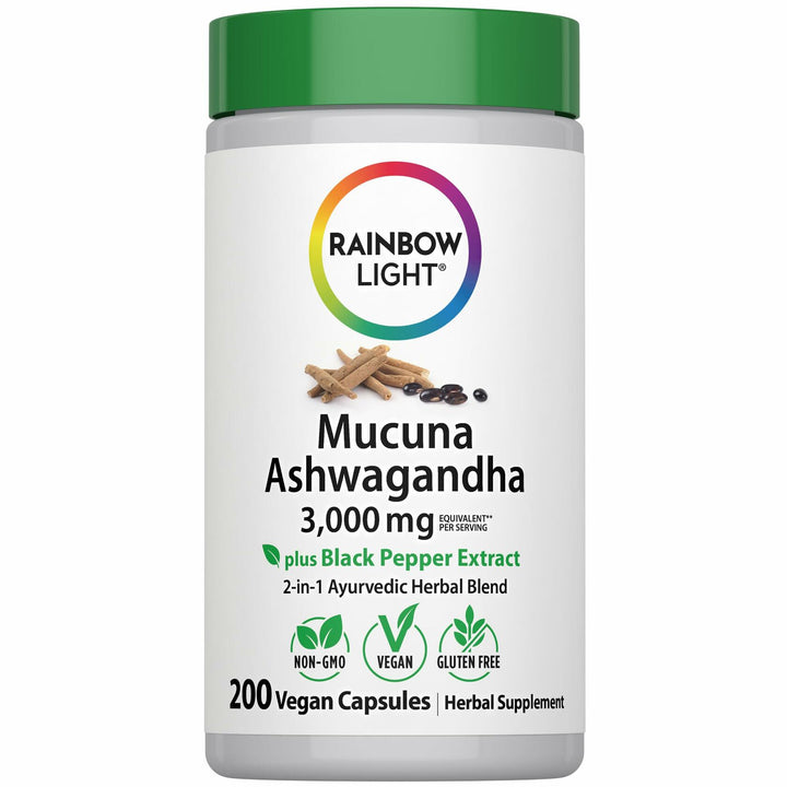 Rainbow Light Mucuna Ashwagandha | 200 Vegan Capsules | Mucuna Pruriens Supplement | with Black Pepper Extract | Non-GMO &amp; Gluten Free - The Oasis of Health
