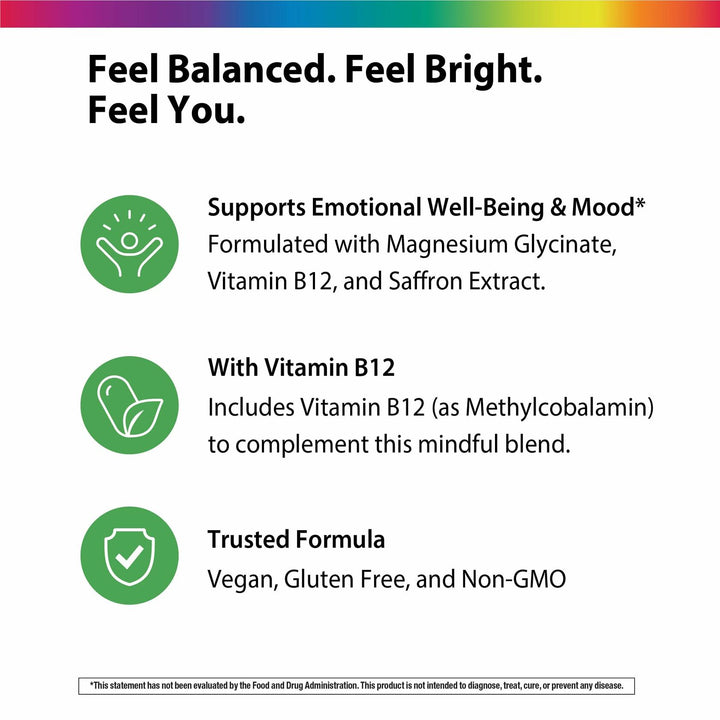 Saffon Extract + Magnesium Glycinate Supplement | 90 Capsules | with Methyl B12 | Helps Support a Positive Mood | Vegan, Non-GMO and Gluten Free - The Oasis of Health