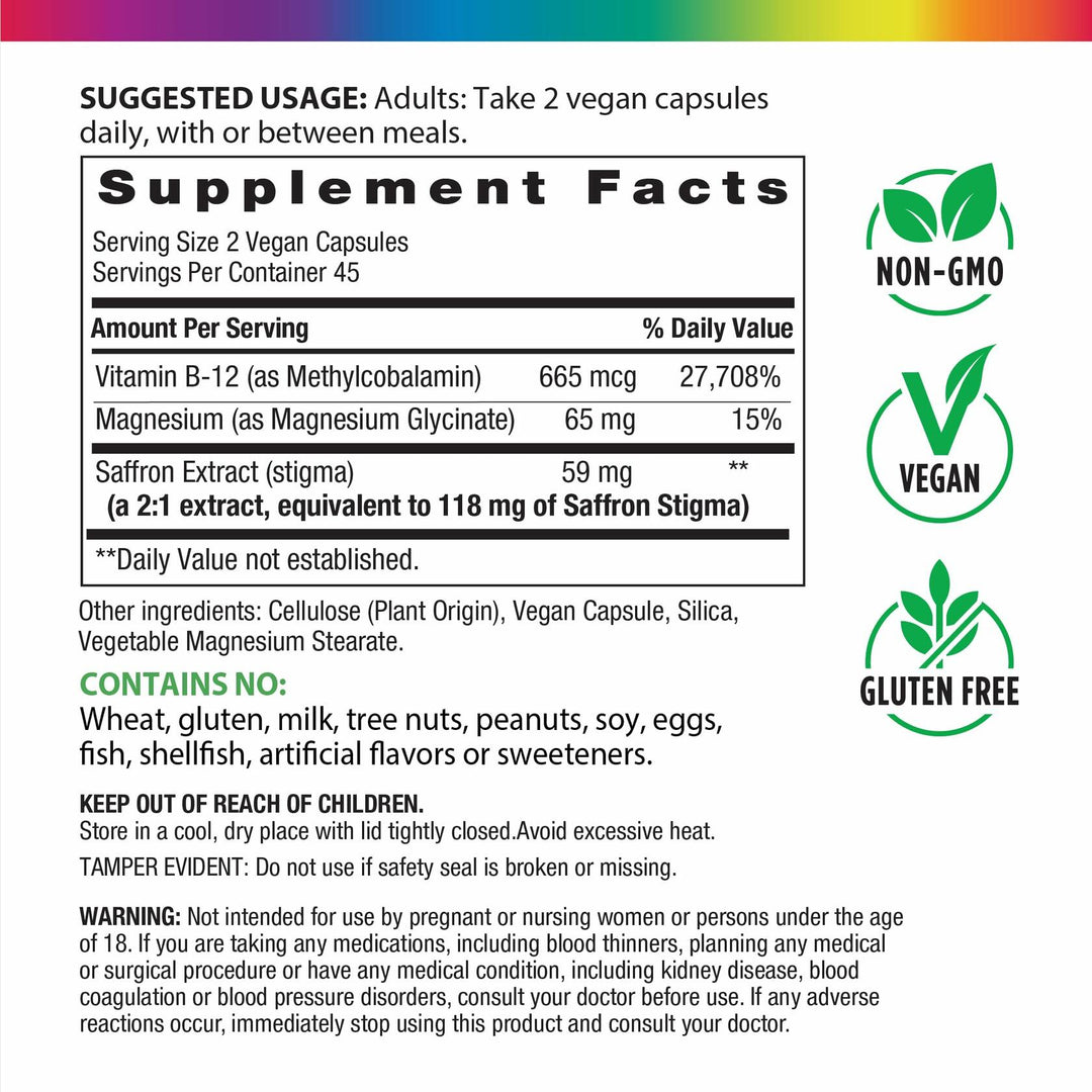Saffon Extract + Magnesium Glycinate Supplement | 90 Capsules | with Methyl B12 | Helps Support a Positive Mood | Vegan, Non-GMO and Gluten Free - The Oasis of Health
