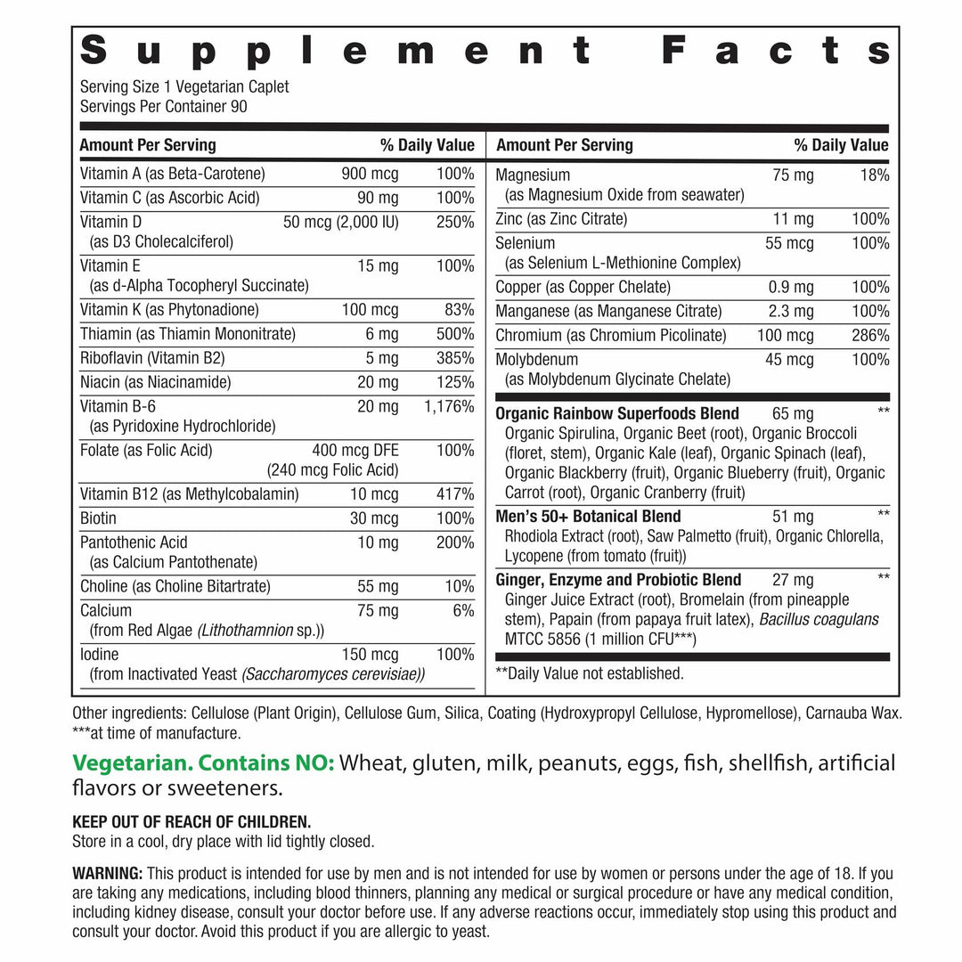 Rainbow Light Mens Multivitamin One + for 50 Plus | 90 Caplets | Supports Muscle Health | with Vitamins C, D, and Zinc | Real Food Nutrients, Digestive Enzymes &amp; Probiotics - The Oasis of Health