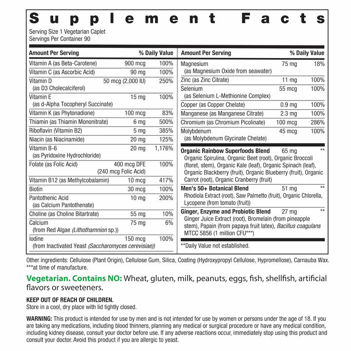 Rainbow Light Mens Multivitamin One + for 50 Plus | 90 Caplets | Supports Muscle Health | with Vitamins C, D, and Zinc | Real Food Nutrients, Digestive Enzymes &amp; Probiotics - The Oasis of Health