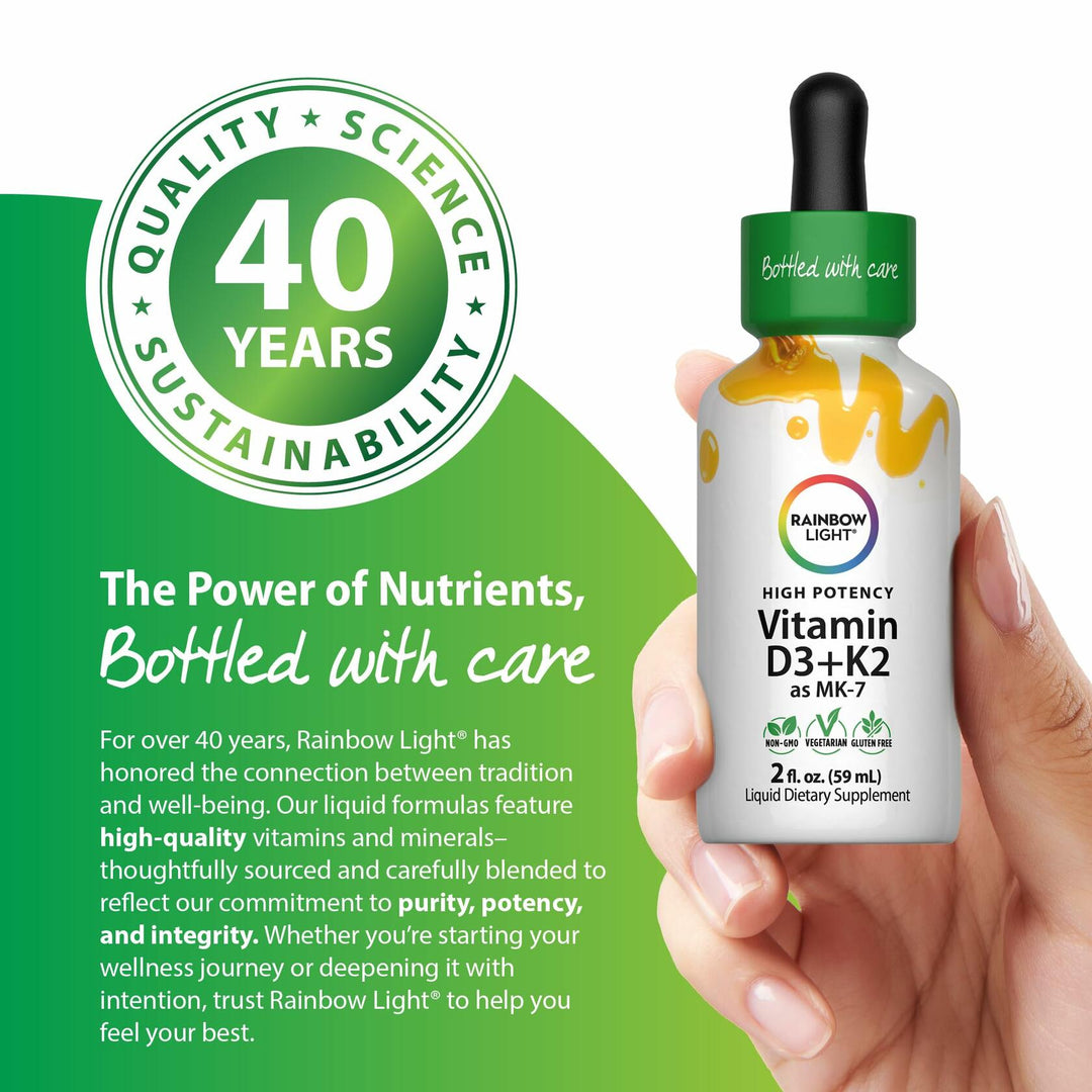 Rainbow Light Vitamin D3 + K2 as MK7 | 2 Fl Oz | 2,000IU Vitamin D | High Potency Formula | Vegetarian, Non-GMO, Gluten Free - The Oasis of Health