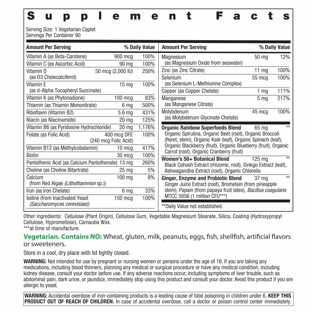 Rainbow Light Womens One + Multivitamin 50 Plus | 90 Caplets | Supports Menopause | Real Food Nutrients, Digestive Enzymes &amp; Probiotics - The Oasis of Health