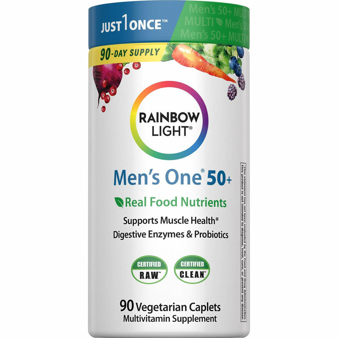 Rainbow Light Mens Multivitamin One + for 50 Plus | 90 Caplets | Supports Muscle Health | with Vitamins C, D, and Zinc | Real Food Nutrients, Digestive Enzymes &amp; Probiotics - The Oasis of Health