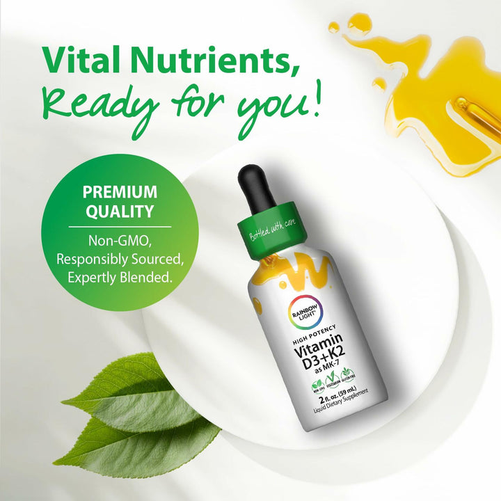 Rainbow Light Vitamin D3 + K2 as MK7 | 2 Fl Oz | 2,000IU Vitamin D | High Potency Formula | Vegetarian, Non-GMO, Gluten Free - The Oasis of Health