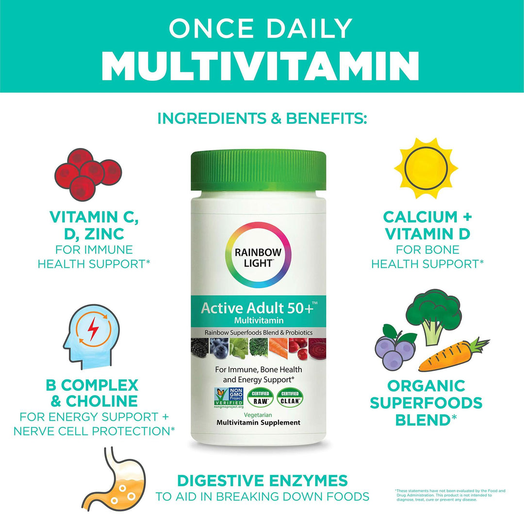 Rainbow Light Adult Multivitamin, Vitamins C &amp; Zinc, B Complex &amp; Choline, Calcium &amp; Vitamin D Supports Bone Health, Energy &amp; Immune Support, Non-GMO, Vegetarian, 90 Tablets - The Oasis of Health