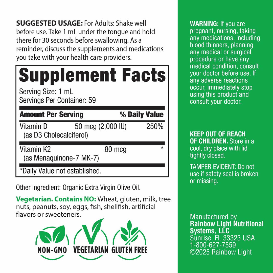 Rainbow Light Vitamin D3 + K2 as MK7 | 2 Fl Oz | 2,000IU Vitamin D | High Potency Formula | Vegetarian, Non-GMO, Gluten Free - The Oasis of Health
