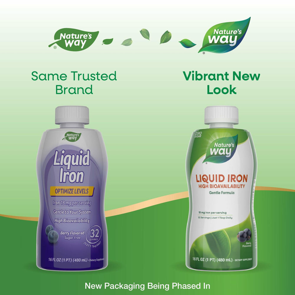 Nature's Way Liquid Iron, 100% Daily Value, 18 mg Iron as Ferric Glycinate per Serving, No Sugar Added, Berry Flavored, 16 Fl Oz (Packaging May Vary) - The Oasis of Health