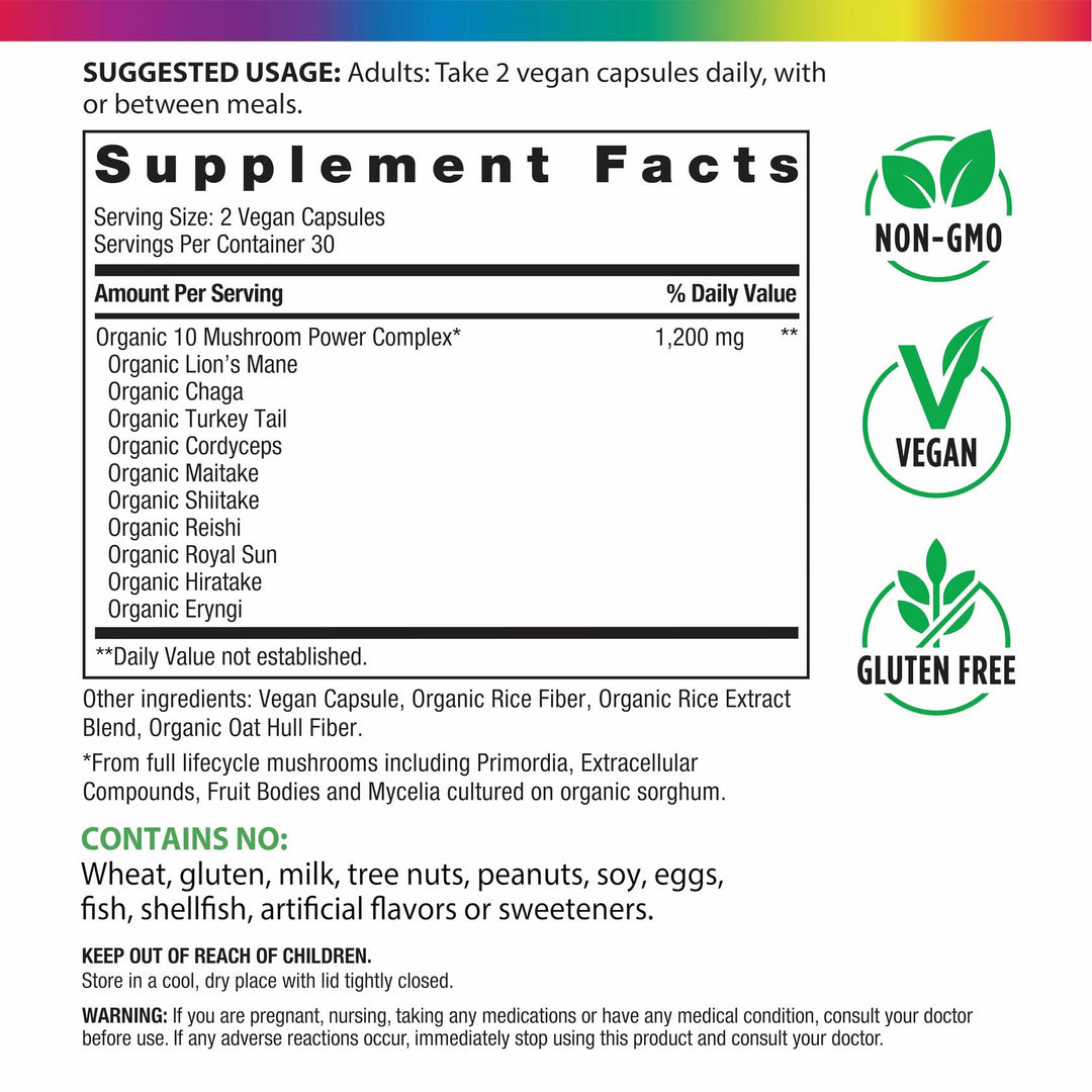 Rainbow Light Mushroom Power Supplement | 60 Capsules | Complex Made with 10 Potent Mushrooms | Includes Lions Mane, Chaga, Shiitake, Reishi &amp; More | Non-GMO and Gluten Free - The Oasis of Health