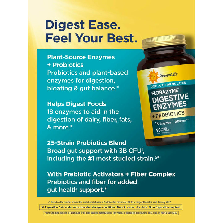 Renew Life Florazyme Digestive Enzymes with Probiotics | Doctor Formulated | Helps Occasional Gas, Bloating &amp; Discomfort | Digestive &amp; Immune Health | Dairy Free | 90 Vegan Capsules - The Oasis of Health