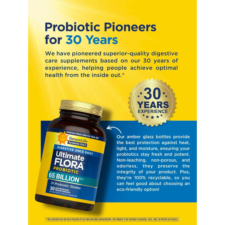 Renew Life Digestive Ultimate Flora Probiotics 65,000,000,000 CFU Delayed Release Vegan Capsules | Once Daily | Digestive Health | Immune Health | Dairy Free | 30 Count - The Oasis of Health