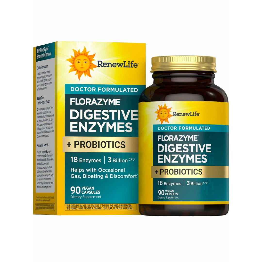 Renew Life Florazyme Digestive Enzymes with Probiotics | Doctor Formulated | Helps Occasional Gas, Bloating &amp; Discomfort | Digestive &amp; Immune Health | Dairy Free | 90 Vegan Capsules - The Oasis of Health