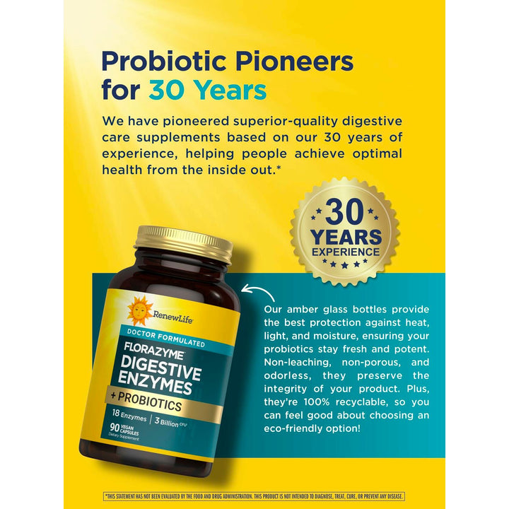 Renew Life Florazyme Digestive Enzymes with Probiotics | Doctor Formulated | Helps Occasional Gas, Bloating &amp; Discomfort | Digestive &amp; Immune Health | Dairy Free | 90 Vegan Capsules - The Oasis of Health