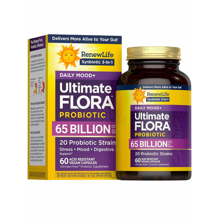 Renew Life Ultimate Flora Probiotics Daily Mood Support 65 Billion CFU Delayed Release Vegan Capsules with Ashwagandha | Digestive Health | Immune Health | Dairy Free | 60 Count - The Oasis of Health