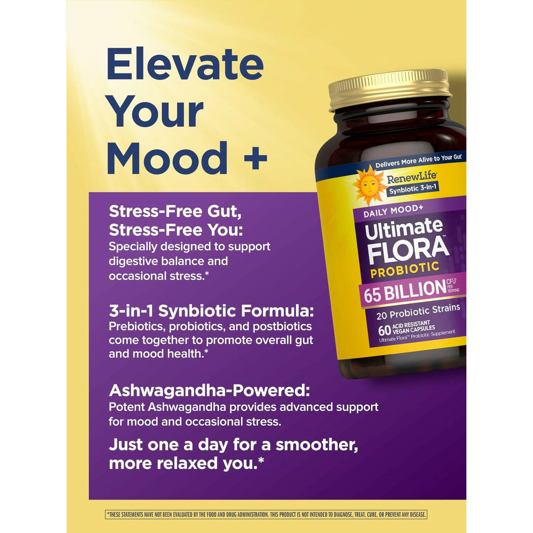 Renew Life Ultimate Flora Probiotics Daily Mood Support 65 Billion CFU Delayed Release Vegan Capsules with Ashwagandha | Digestive Health | Immune Health | Dairy Free | 60 Count - The Oasis of Health
