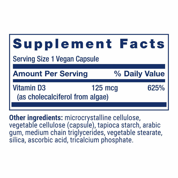 Life Extension Vegan Vitamin D3, 125 mcg (5000 IU), cholecalciferol from Algae, high-Potency Immune, Bone &amp; Whole-Body Health, Gluten-Free, Non-GMO, 1 Daily, Vegan, 60 Vegan Capsules - The Oasis of Health