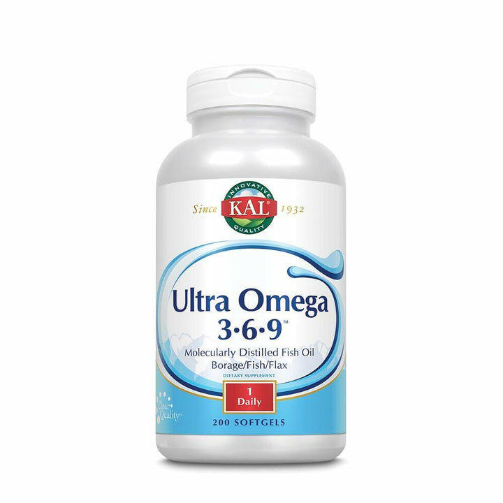 KAL Ultra Omega 3-6-9 1200mg | Fish Oil w/Cold Pressed Flaxseed &amp; Borage Oil | Skin, Hair, Heart, Memory | 200 Softgels - The Oasis of Health