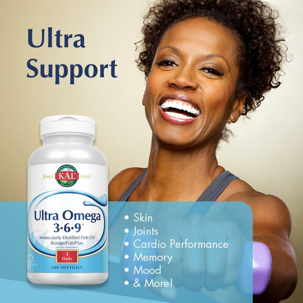 KAL Ultra Omega 3-6-9 1200mg | Fish Oil w/Cold Pressed Flaxseed &amp; Borage Oil | Skin, Hair, Heart, Memory | 200 Softgels - The Oasis of Health