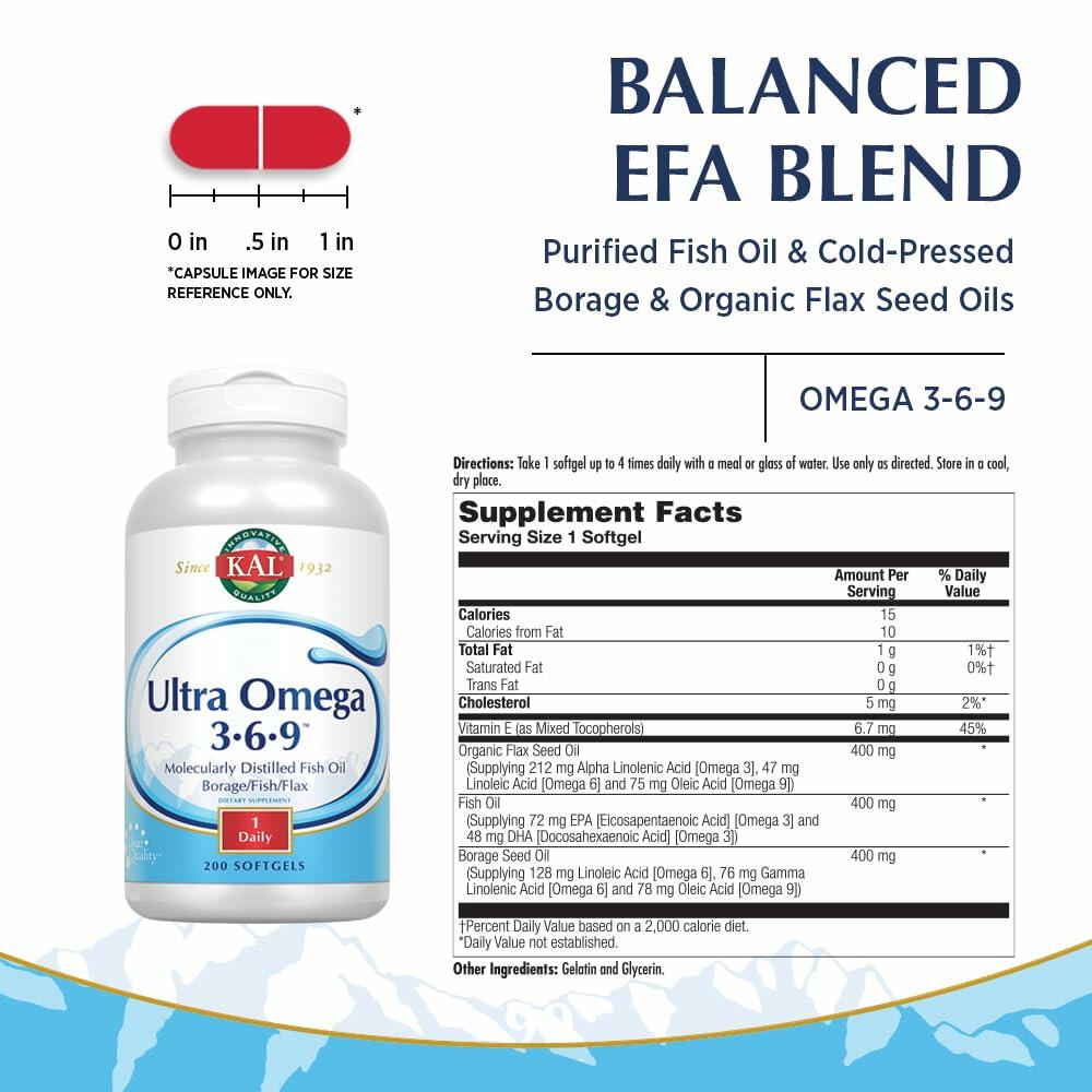 KAL Ultra Omega 3-6-9 1200mg | Fish Oil w/Cold Pressed Flaxseed & Borage Oil | Skin, Hair, Heart, Memory | 200 Softgels - The Oasis of Health